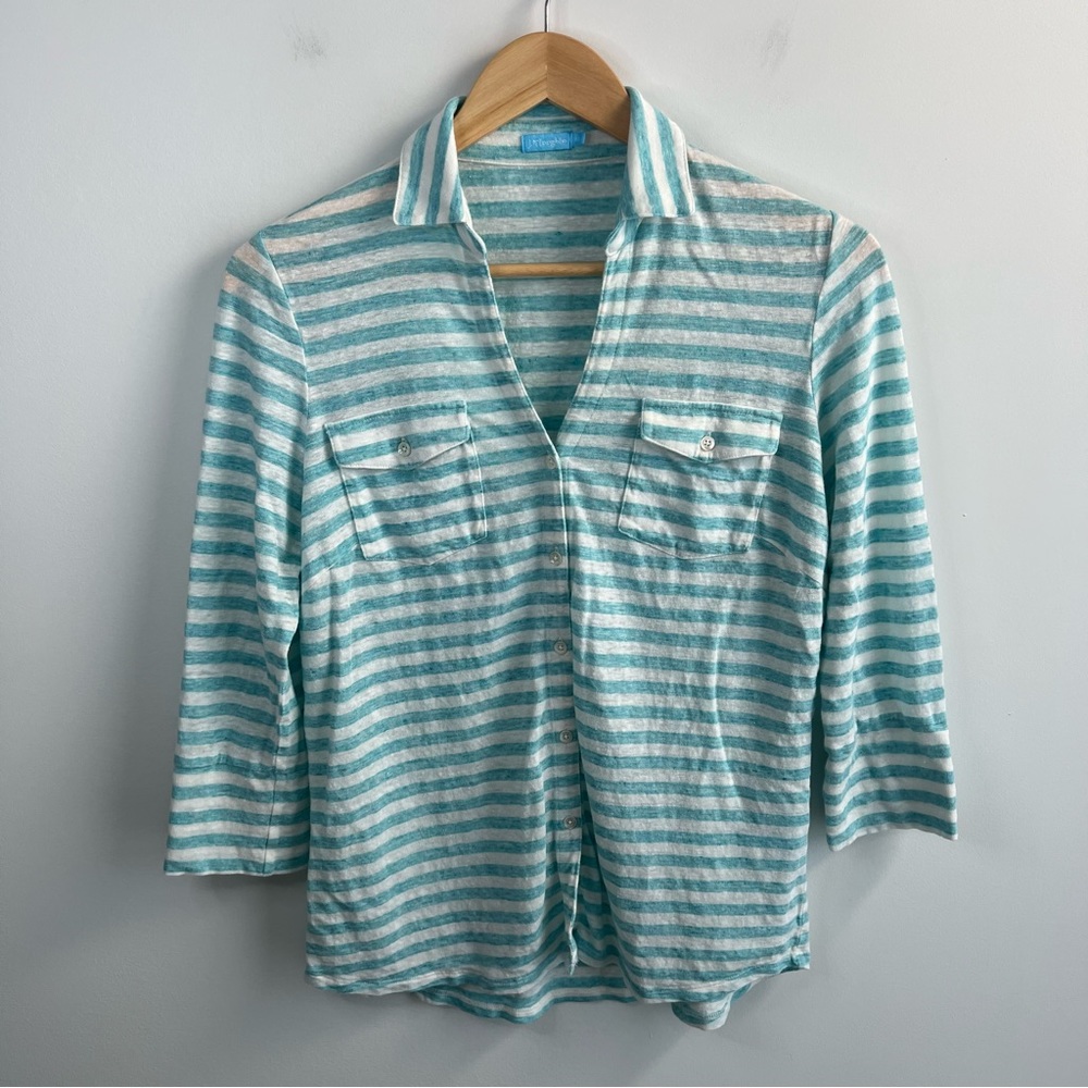 J. McLaughlin Brynn Striped Button-Up Shirt in Aqua White washable linen blend